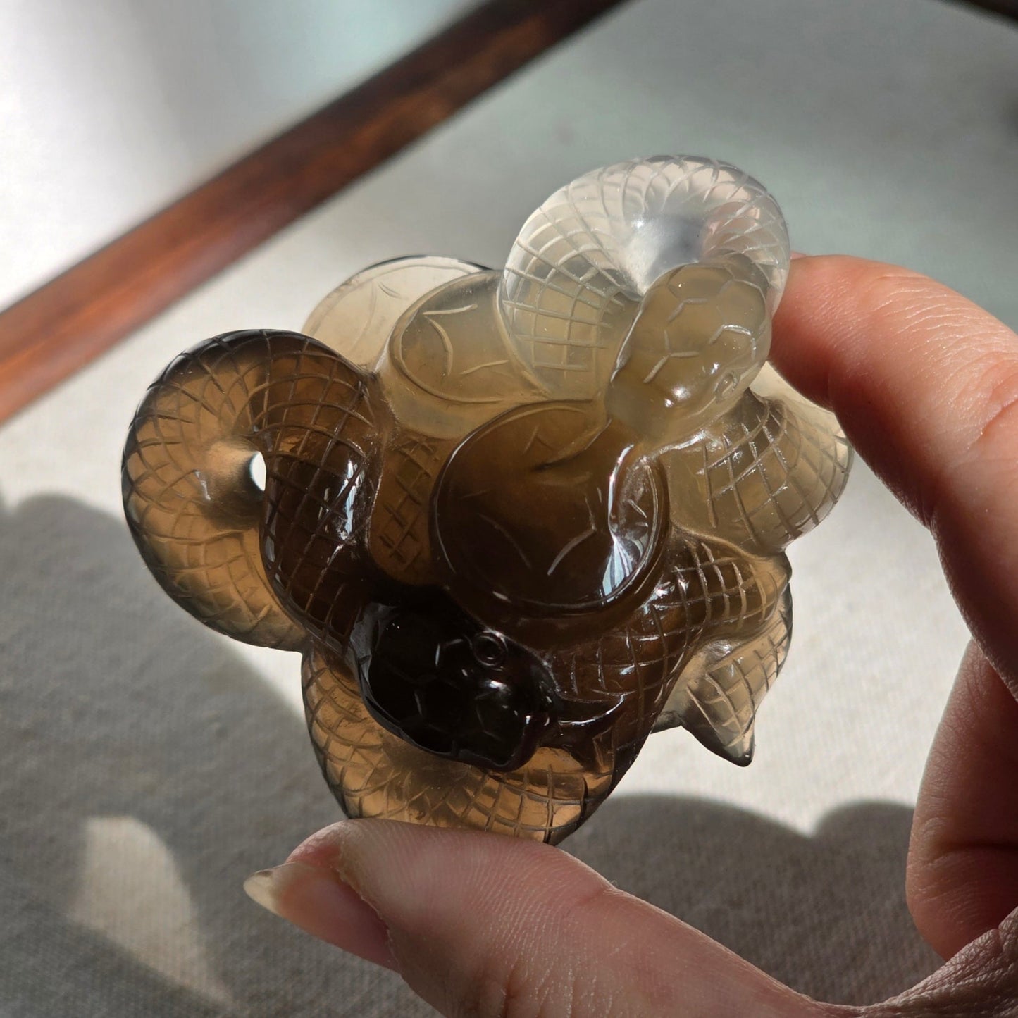 Smoky Quartz Double Snake Carving